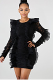 Elegant Luxe Ruffle Lace See-Througk Ling Sleeve Round Neck Slim Fitting Hip Dress QZ4054