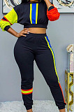 Hot Sales Stylish Woman Multicolor Patchwork Long Sleeve Crop Tops Jogger Pants Suit YX9148