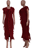 Fashion Sexy Solid Color Sleeveless Tassel Knitting Slim Fitting Dress TRS1190