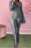 Sexy Casual Pure Color Spliced Ribber Horn Sleeve Crop Tops High Waist Flare Pants Fashion Suit YX9303