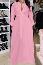 Elegant Simple Women Long Sleeve Stand Collar Botton Waist Belt Solid Color Party Dress YX9301