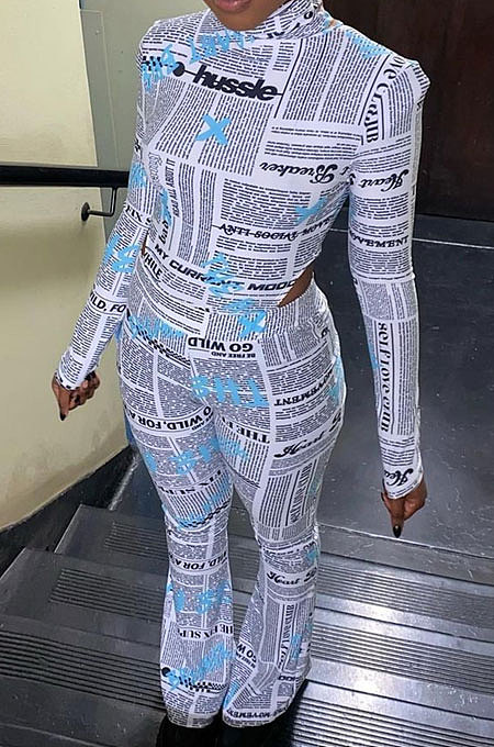 Hot Sales Stylish Letter Design Printed Long Sleeve High Neck Tops Jumpsuits Flare Pants Casual Suit SZS2003
