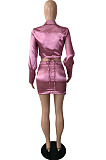 Autumn Winter Sexy Bandage Long Sleeve Deep V Neck Tops Hip Skirts Solid Color Suit YNS1686