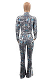 Hot Sales Stylish Letter Design Printed Long Sleeve High Neck Tops Jumpsuits Flare Pants Casual Suit SZS2003