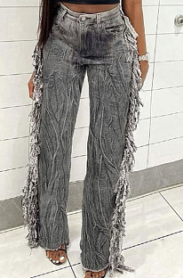 Gray Rough Selvedge Tie Dye High Waist Jeans Long Pants HLR18895