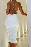 Euramerican Women Solid Color Casual Backless Chain Ruffle Condole Belt Bodycon Midi Dress FWB465