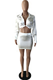 Autumn Winter Sexy Bandage Long Sleeve Deep V Neck Tops Hip Skirts Solid Color Suit YNS1686
