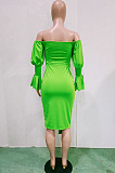 Sexy Women Lantern Sleeve A Wrod Shoulder Collect Waist Solid Color Bodycon Dress BN9309