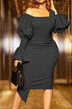 Sexy Women Lantern Sleeve A Wrod Shoulder Collect Waist Solid Color Bodycon Dress BN9309