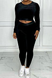 Fashion Casual Velvet Long Sleeve Round Neck Crop Tops Skinny Pants Plain Suit BN9315