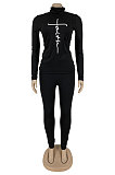 Wholesale Women Design Printed Long Sleeve High Neck Skinny Pants Solid Color Suit DN8655