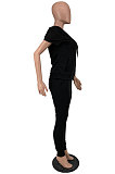 New Women Spring Summer Short Sleeve Hoodie Jogger Pants Plain Suit DN8657