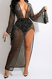 Euramerican Women Hot Stamping Sequins High Elastic Mesh Spaghetti Split Long Dress With Underwear QQM4380