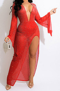 Euramerican Women Hot Stamping Sequins High Elastic Mesh Spaghetti Split Long Dress With Underwear QQM4380