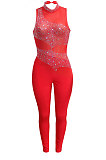 Fashion Sexy Mesh Spaghetti Perspectivity Hot Drilling Sleeveless Bodycon Jumpsuits SN390245