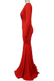 Women Solid Color Sexy  V Collar Split Fishtail Skirt High Waist Long Dress MY10036