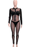 Sexy Perspectivity Mesh Spaghetti Spliced Black Zipper Hollow Out High Waist Bodycon Jumpsuits SN390254