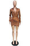 Wholesale Nigh Club Elastic PU Leather Long Sleeve Deep V Neck Slim Fitting Hip Dress BBN225 