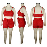Women Condole Belt Pure Color Dew Waist Velvet Shorts Sets  QQM4362