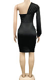 Women Pure Color Sexy One Shoulder Hollow Out Long Sleeve Mini Dress XZ5399