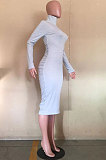 Fashion Cotton Blend Women Long Sleeve High Neck Back Ruffle Bodycon Dress D8472