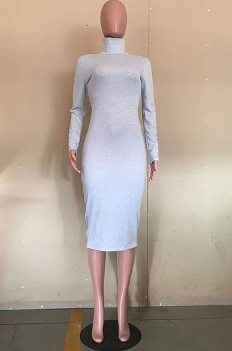 Fashion Cotton Blend Women Long Sleeve High Neck Back Ruffle Bodycon Dress D8472