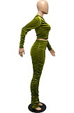Wholesal Hot Sales Women Velvet Ruffle Long Sleeve Crop Hoodie Trousers Slim Fitting Solid Color Suit LML294