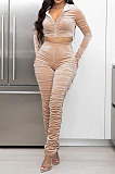 Wholesal Hot Sales Women Velvet Ruffle Long Sleeve Crop Hoodie Trousers Slim Fitting Solid Color Suit LML294