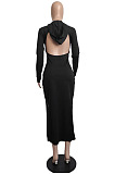 Casual New Women Ribber Long Sleeve Backless Slim Fitting Slit Hoodie Dress LML292