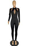 Hot Sales Stylish Cotton Blend Long Sleeve O Neck Hollow Out Zipper Bodycon Jumpsuits LWW9332