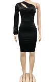 Women Pure Color Sexy One Shoulder Hollow Out Long Sleeve Mini Dress XZ5399
