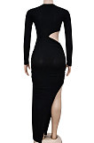 Long Sleeve Pure Color Round Collar Hollow Out Shirred Detail Split Bodycon Dress XZ5501
