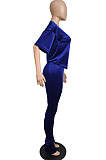Simple New Women Velvet Short Sleeve V Neck Loose Tops Trousers Plain Casual Suit LML293