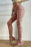 Euramerican Women Tight Solid Color Ruffle High Waist Split Long Pants YYFS8230