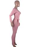 New Women Ribber Pure Color Long Sleeve V Neck With Belt Bodycon Jumpsuits TZ9127