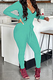 New Women Ribber Pure Color Long Sleeve V Neck With Belt Bodycon Jumpsuits TZ9127