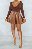 Casual Women Solid Color Ruffle PU Leather Skirts Long Sleeve Ribber Skirts Sets SDE21103