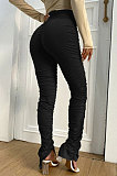 Euramerican Women Tight Solid Color Ruffle High Waist Split Long Pants YYFS8230