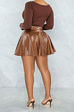 Casual Women Solid Color Ruffle PU Leather Skirts Long Sleeve Ribber Skirts Sets SDE21103