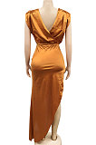 Euramerican Fashion Solid Color Women Round Collar Sleeveless Ruffle Irregular Split Long Dress XZ5527