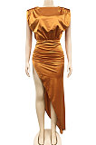 Euramerican Fashion Solid Color Women Round Collar Sleeveless Ruffle Irregular Split Long Dress XZ5527
