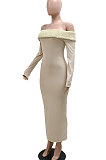 Velvet Spliced Ribber A Word Shoulder Long Sleeve Bodycon Hip Long Dress CCY9431