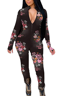 Fashion Zipper Women Print Slim Long Sleeve Sexy Jumpsuit MMC001