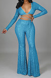 Sexy Bodycon Bnadage Short Tops Dew Waist Sequins Wide Leg Pants Sets CCY9444