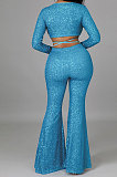 Sexy Bodycon Bnadage Short Tops Dew Waist Sequins Wide Leg Pants Sets CCY9444