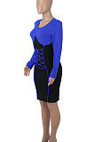 Euramerican Women Long Sleeve Bandage Collect Waist Contrast Color Sexy Bodycon Mini Dress WMZ0139