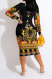 Euramerican Women Long Sleeve Printing V Collar Collect Waist Mini Dress WMZ2697