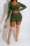 Women Solid Color Long Sleeve Sexy Knitting Irregular Hip Skirts Sets WMZ2694