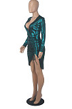 Euramerican Sexy Cross Drawsting Long Sleeve Deep V Collar Hip Solid Color Split Tight Mini Dress WMZ2696