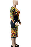 Euramerican Women Long Sleeve Printing V Collar Collect Waist Mini Dress WMZ2697